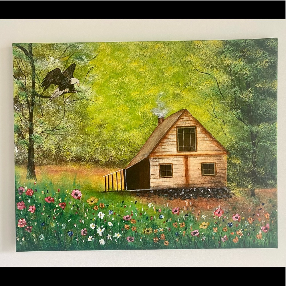 Log house with wild flowers painting